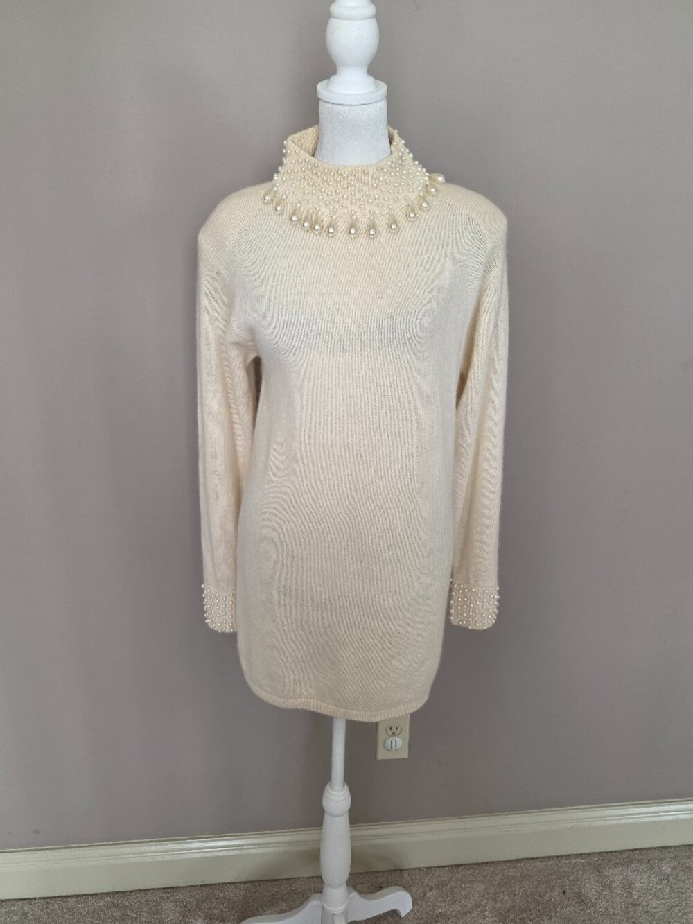 Lew Magram Vintage Wool Blend Mock Neck Faux Pearl Tunic Sweater Size Small